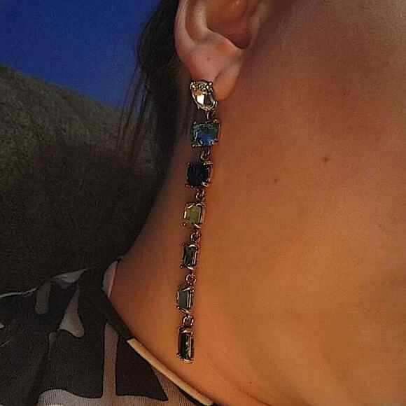 Antique Gold Emerald Cut Crystal Opal Sapphire Aquamarine Tassel Drop Earrings - Picture 6 of 12